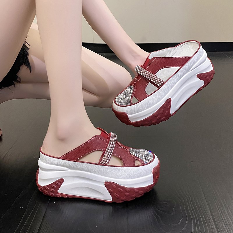 包头半拖鞋女外穿i时尚2024年新款夏季水钻凉鞋厚底内增高凉拖女