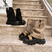 2025年新款 牛仔布厚底松糕露趾凉靴马丁靴辣妹裤 U管短靴小个子女