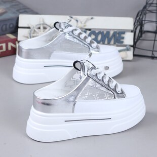 包头外穿半拖鞋女超高跟8cmv网面厚底内增高8cm休闲一脚蹬无后跟