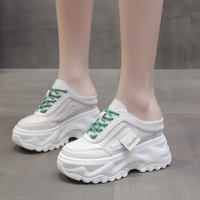 夏季新款透气10cm内增高女鞋无后跟松糕K底网面厚底懒人包头半拖