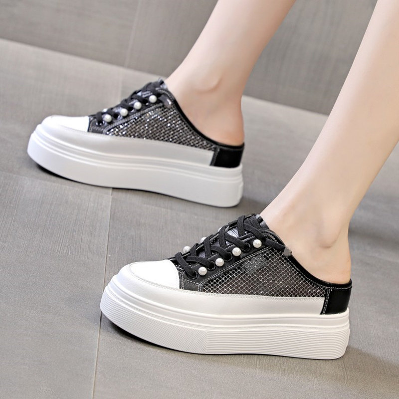 内增高包头半拖鞋女外穿2022年新款夏天K爆款透气网面松糕厚底鞋