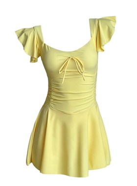 黄色连体泳衣女2025新款保守遮肉甜欲少女纯欲风泡温W泉显瘦游泳