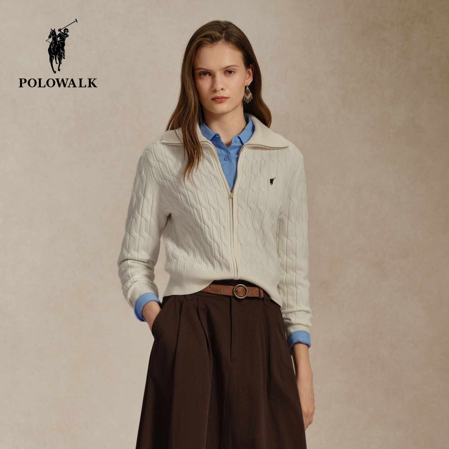 POLOWALK女拉链绞花显瘦针织衫图片