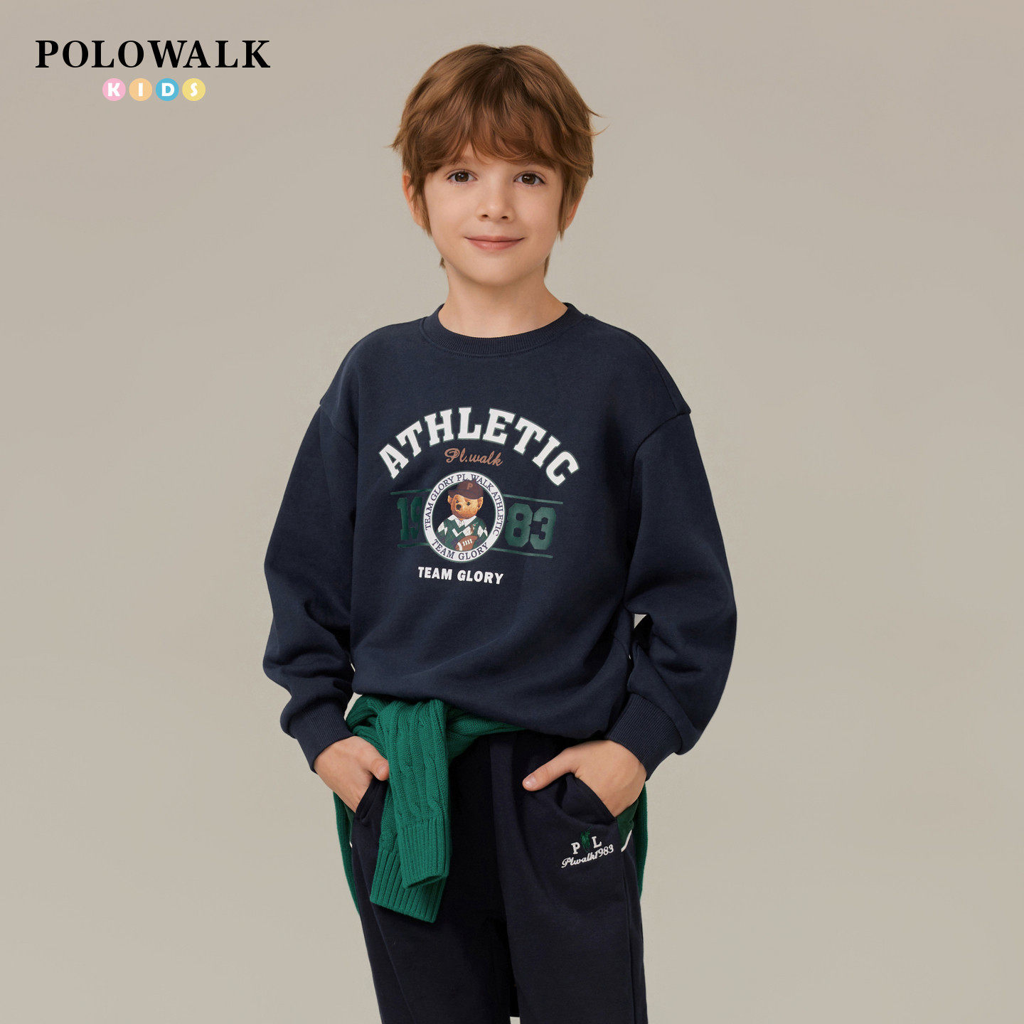 POLOWALK童装男童卫衣2026秋季新品时尚印花学院风圆领套头上衣