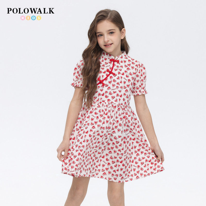 【100%棉】POLOWALK童装女童连衣裙夏季新品中国风印花短袖长裙