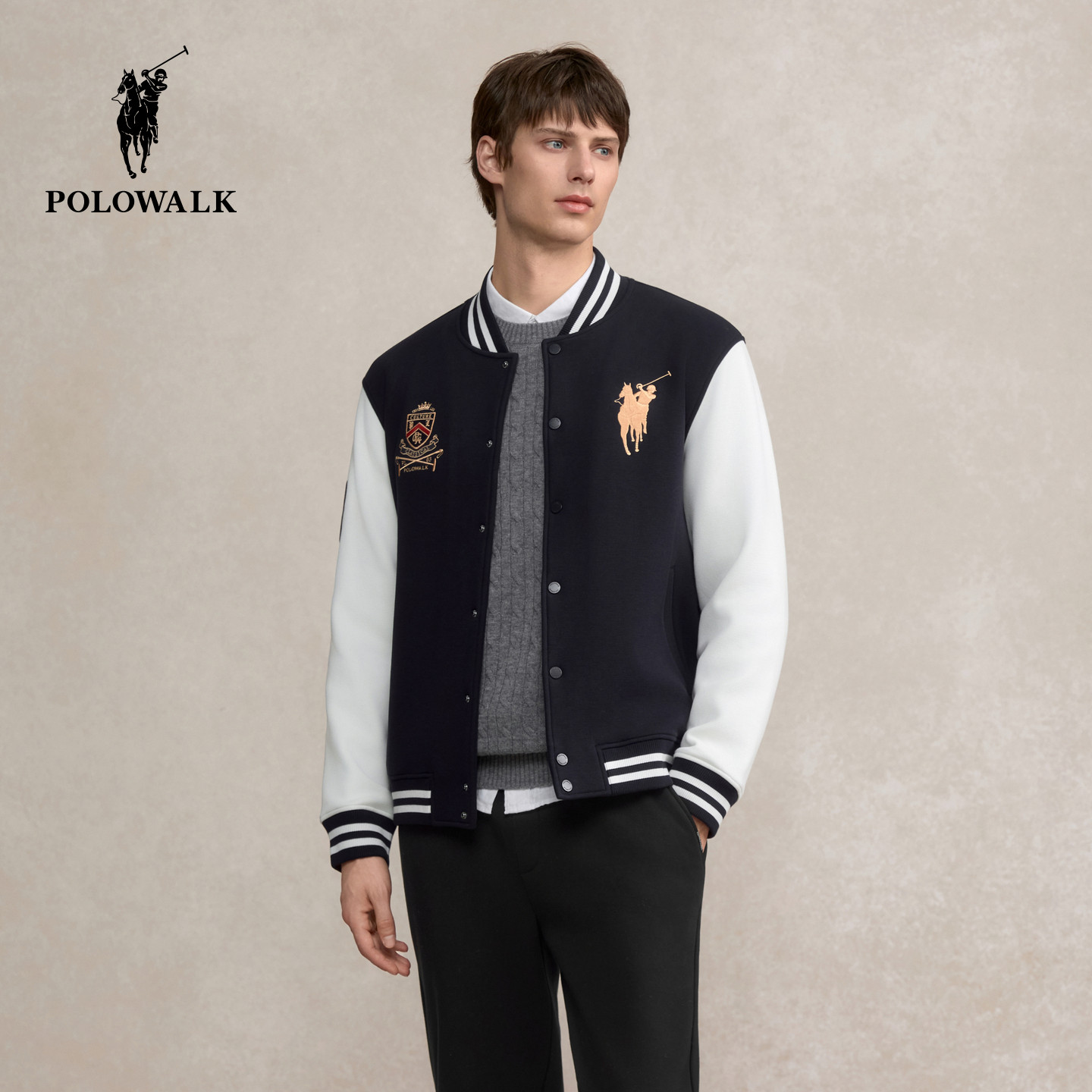 POLOWALK男式卫衣奥莱正品保罗撞色潮流刺绣学院风棒球服外套