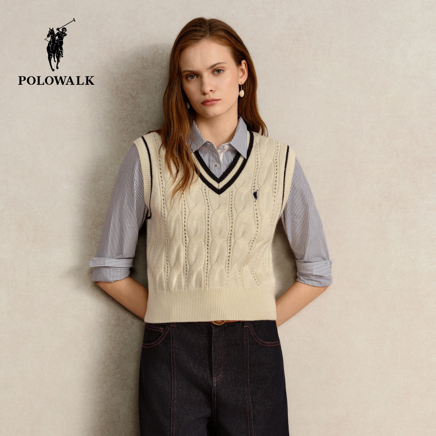 POLOWALK学院风V领针织背心女