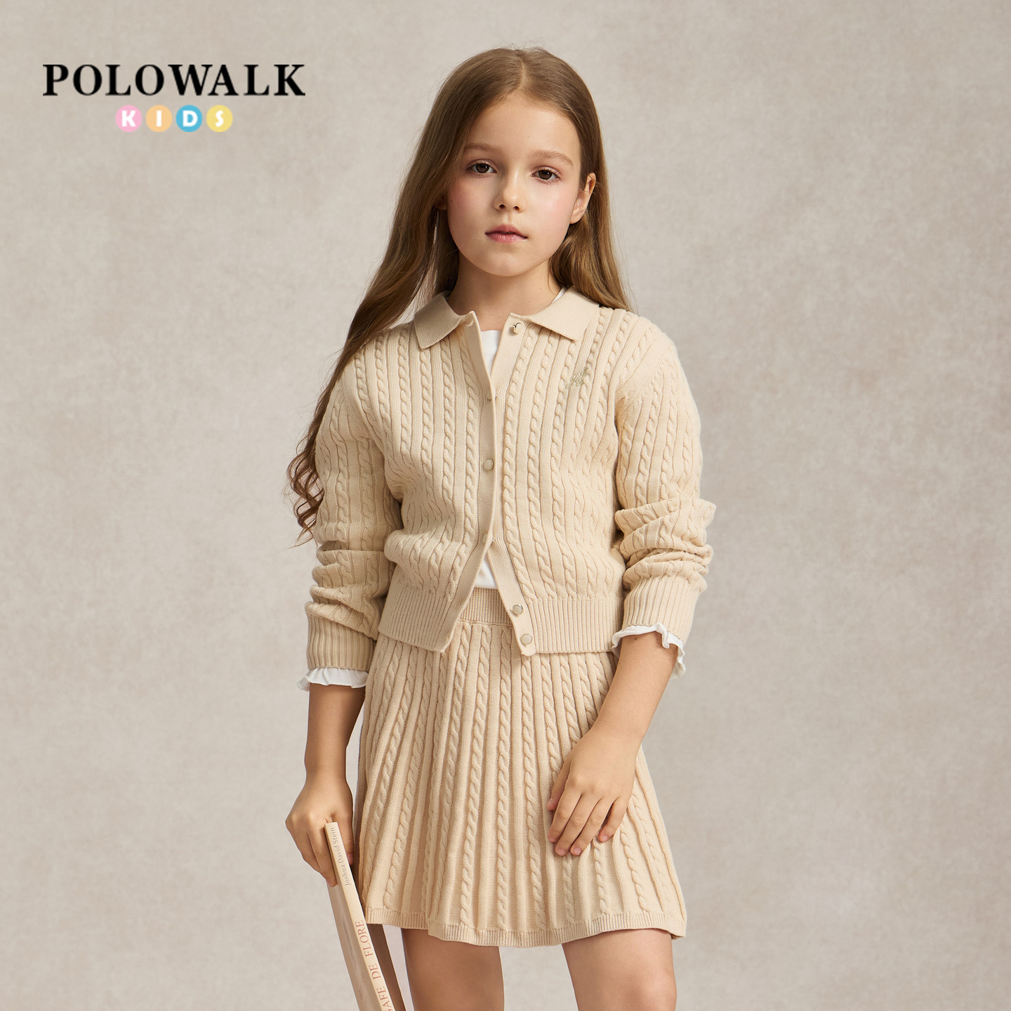 【套装】POLOWALK童装女童奥莱秋季新品长袖针织绞花翻领套装