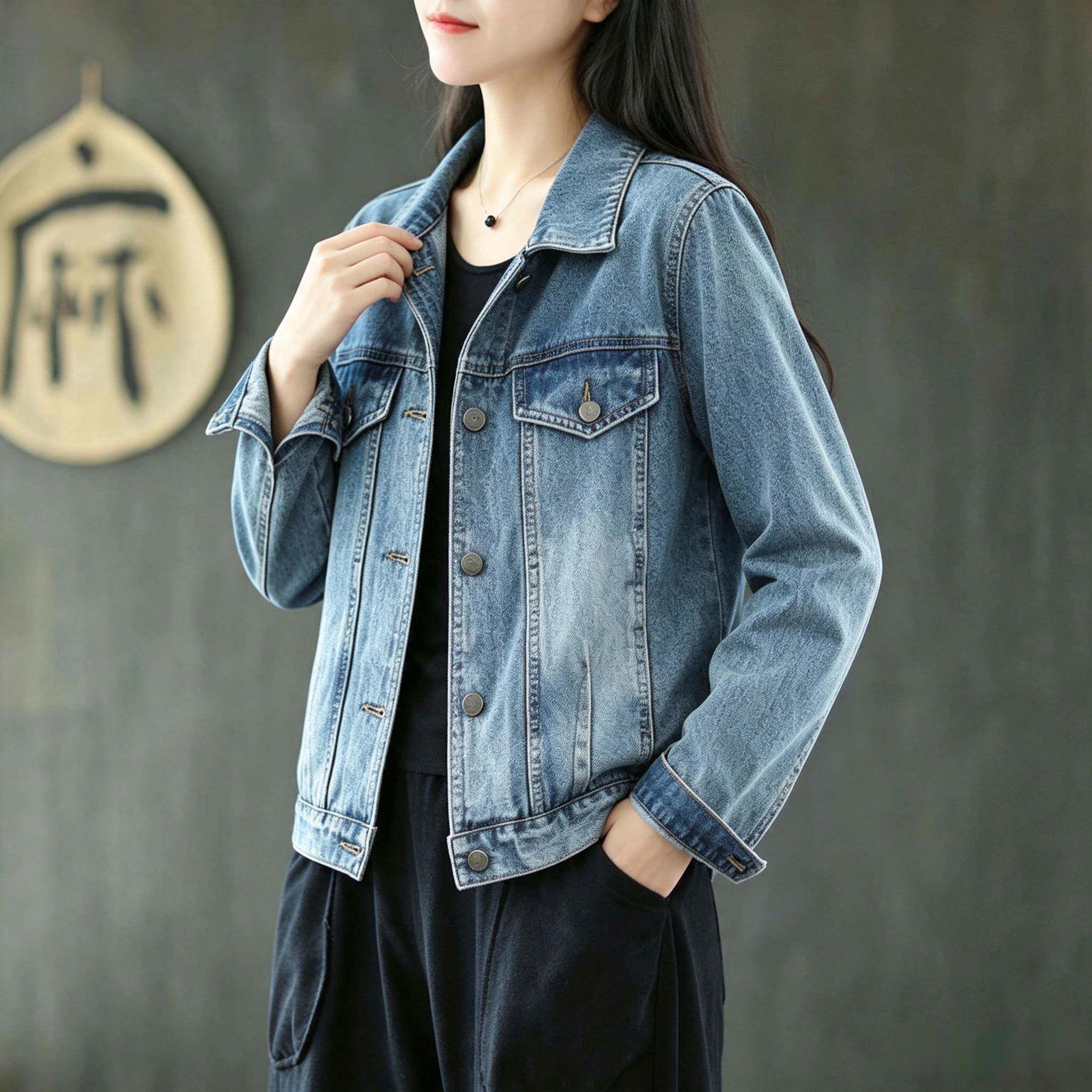 新品春秋复古牛仔短外套女港风大码宽松显瘦翻领百搭夹克长袖开衫
