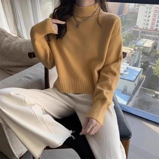 新品白色半高领毛衣女秋冬加厚宽松软糯针织衫小个子套头打底保暖