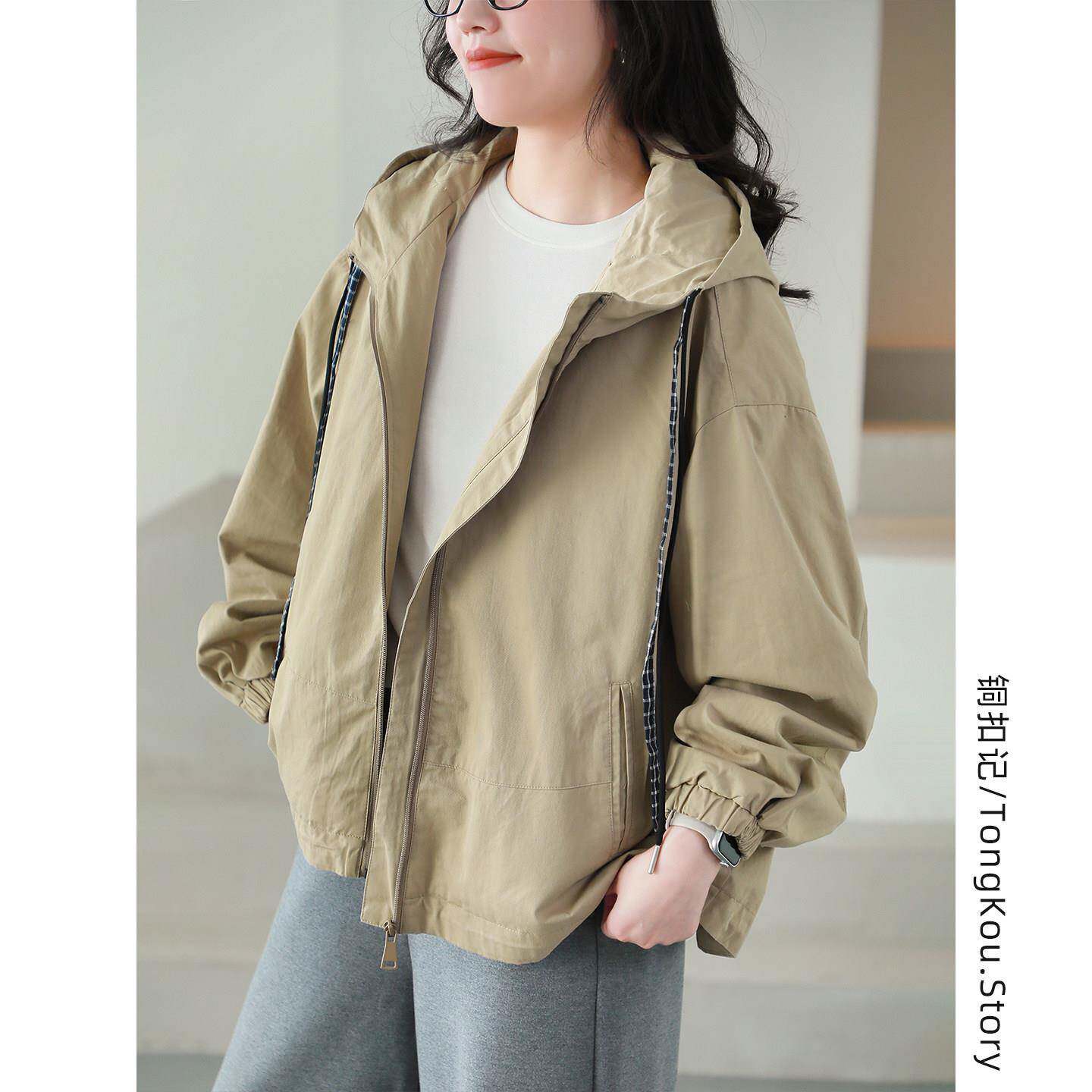 新品铜扣记纯棉风衣女连帽休闲百搭宽松显瘦春季新款韩版长袖外套
