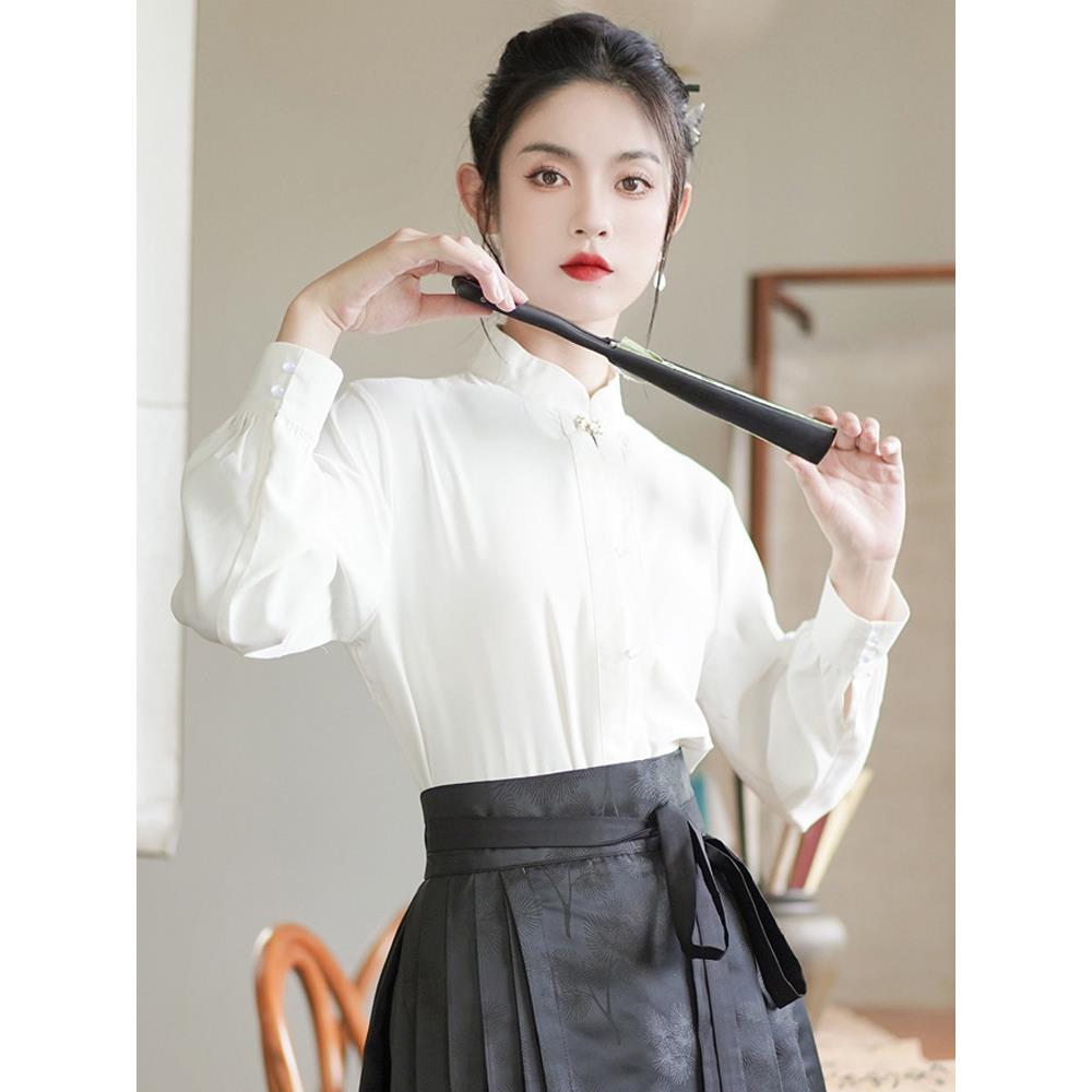 新品马面裙搭配衬衫新中式汉服成人女衬衣秋季国风对襟立领长袖上