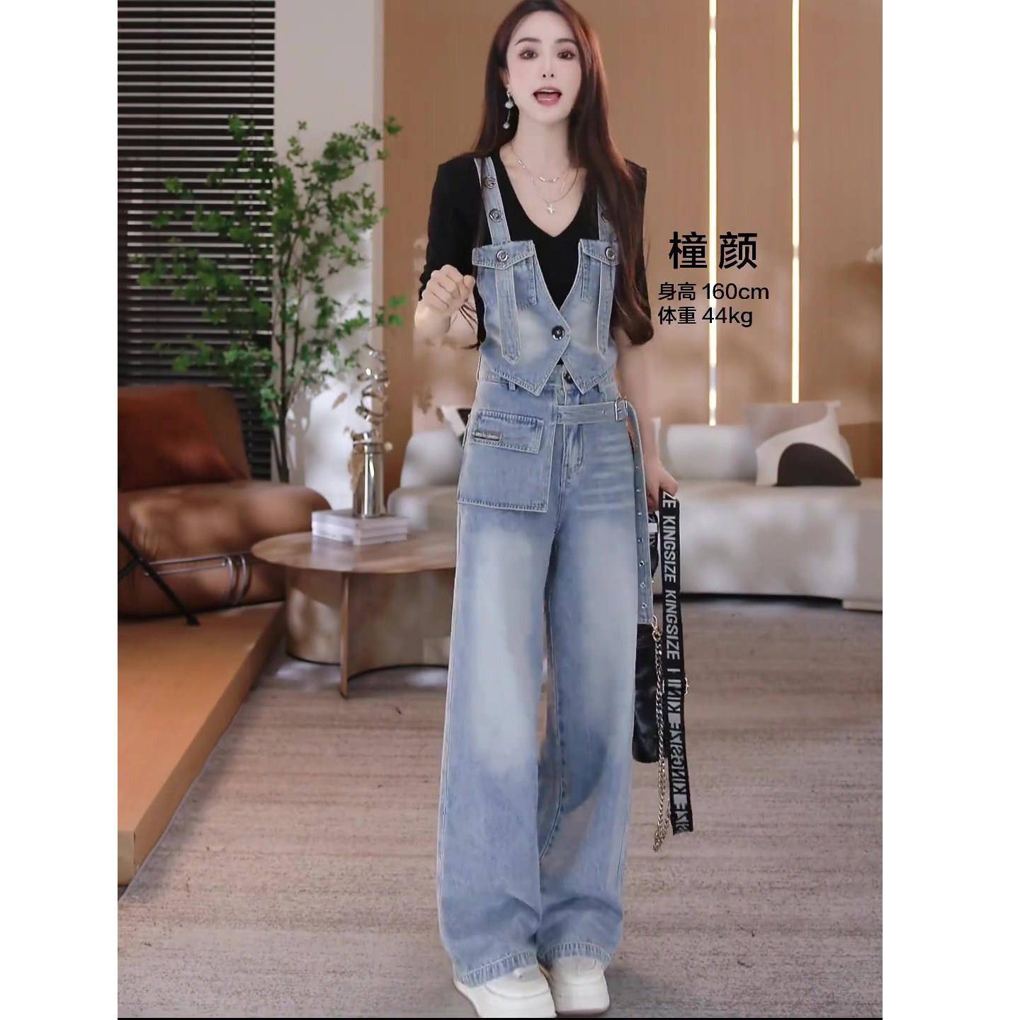 新品网红时尚套装女2026春季新款背带假两件短袖+阔腿裤爆款两件