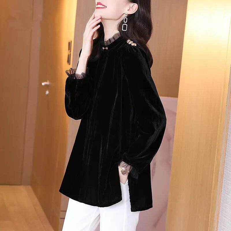 新品中长款复古网纱拼接丝绒衬衫女春秋2026年新款立领宽松金丝绒
