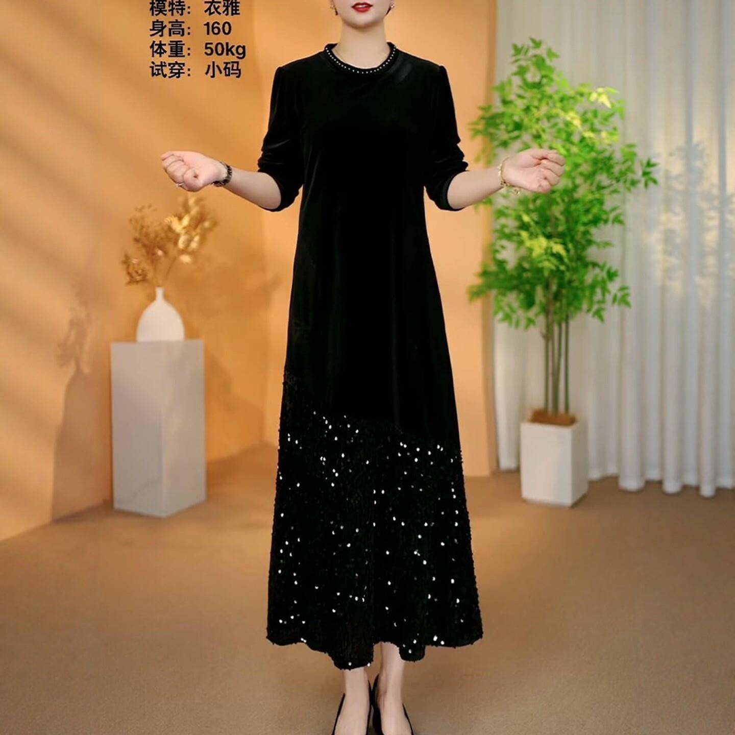新品2026早春显瘦亮晶晶连衣裙休闲百搭中老年Q圆领烫钻长裙休闲