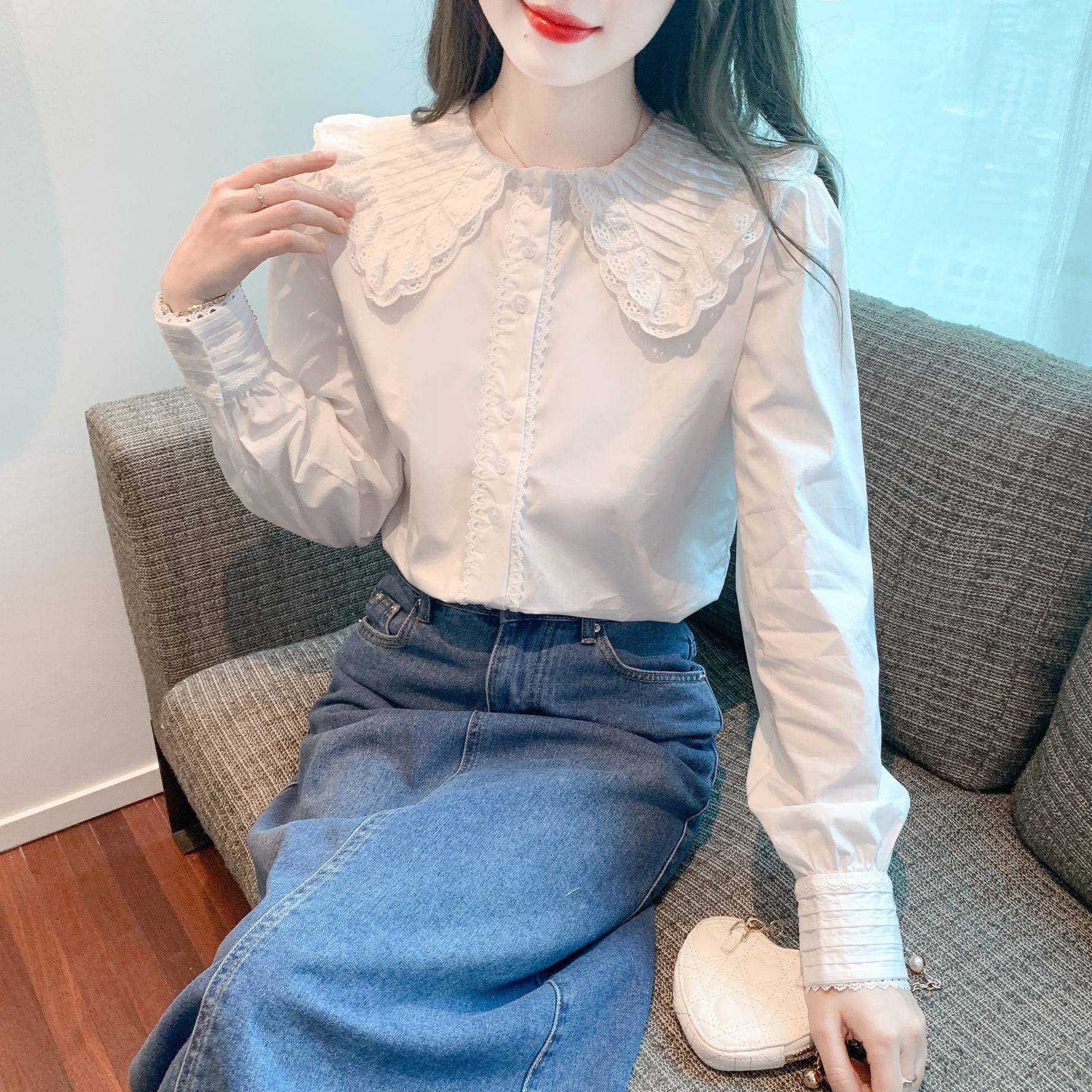 新品法式娃娃领长袖衬衫白色打底衫女2026秋装时尚甜美蕾丝衫上衣