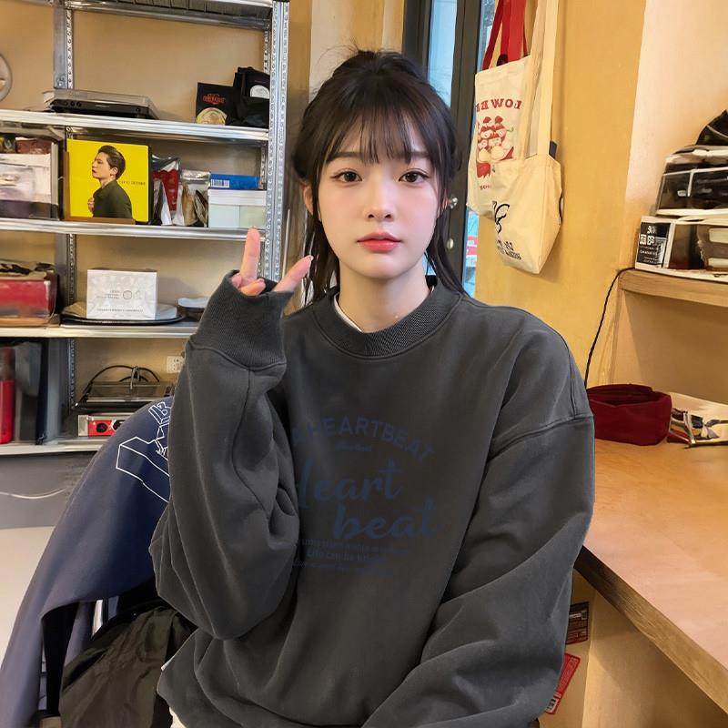 新品藏蓝色女款卫衣圆领2025新款爆款无帽秋冬加绒加厚韩系慵懒风