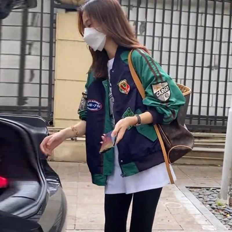 新品美式棒球服女春秋季欧货加厚夹棉外衣撞色拼接飞行员夹克开衫