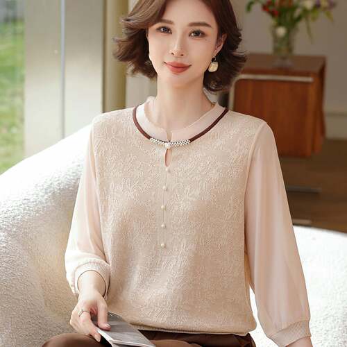 新品2026新款妈妈装七分袖钉珠针织衫中老年女装春季薄款T恤上衣