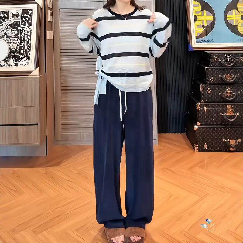 新品大码女装设计感绑带条纹长袖t恤早秋胖mm显瘦宽松内搭打底衫