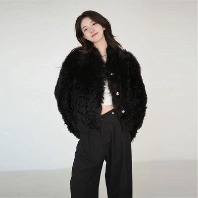 新品黑色羊羔毛外套女小香
