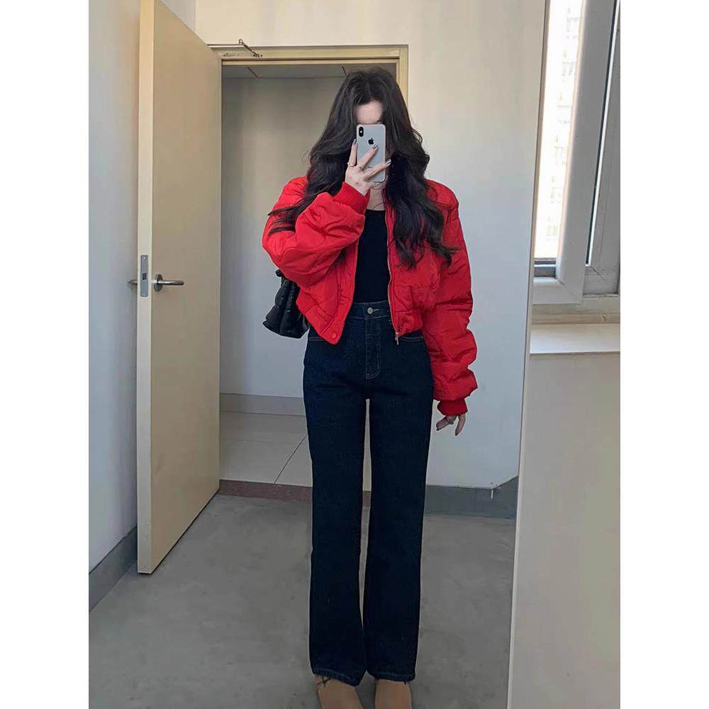 新品红色夹克棒球服棉服女春秋新款喜庆新年圣诞韩版宽松短款加厚