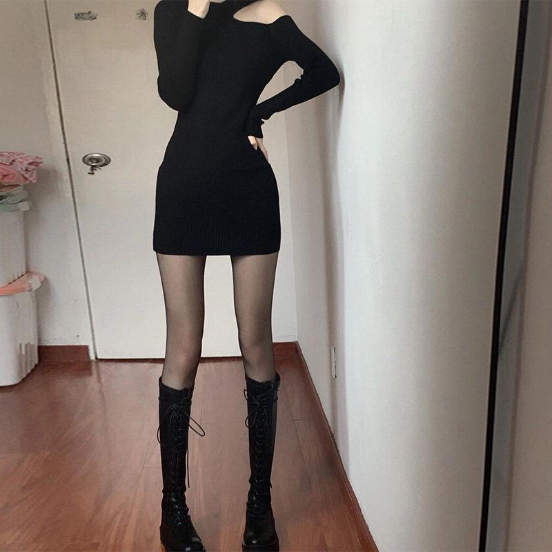 新品修身包臀裙露肩针织连衣裙初春紧身女装欧美辣妹裙子女纯欲风