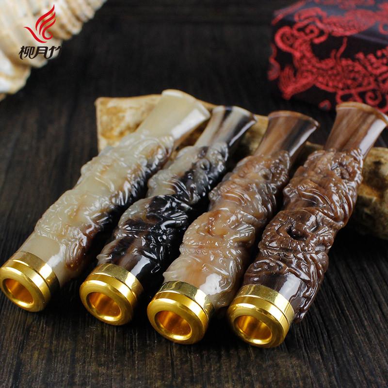 现货正宗牦牛角烟嘴雕刻龙双重过滤可清洗男士档活性炭加长拉杆