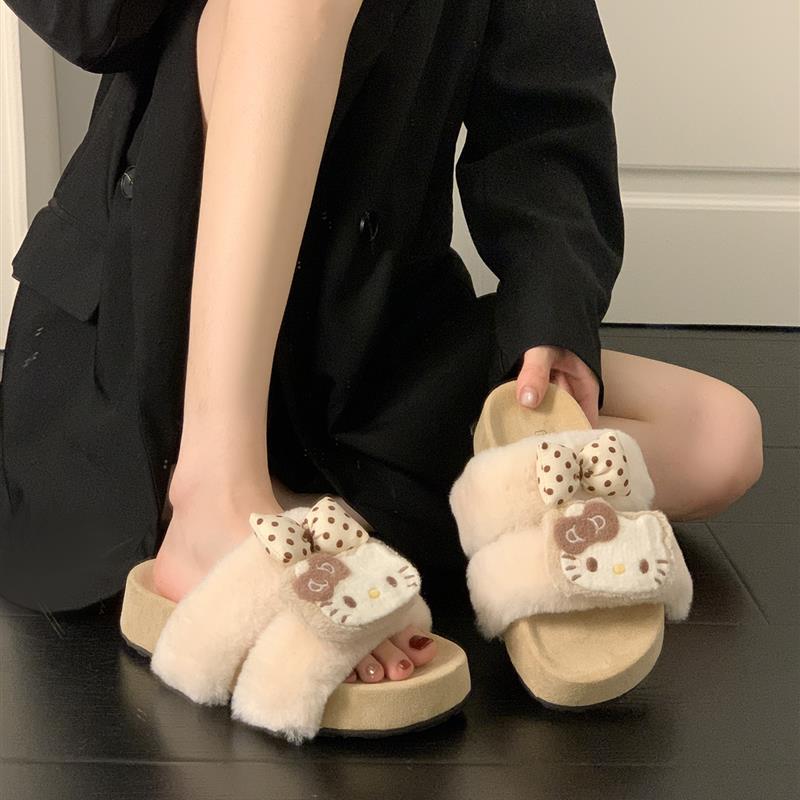 现货凯蒂猫厚底毛毛拖鞋女