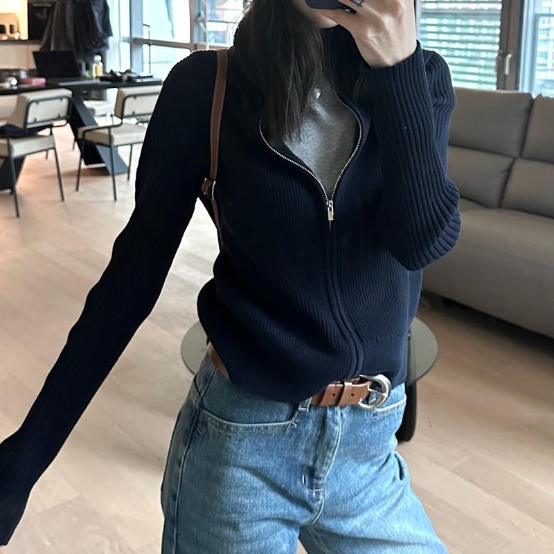 极速黑色拉链针织开衫女春秋2025新款韩系高级感短款毛衣外套显瘦