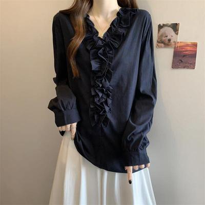 新品法式木耳边V领长袖打