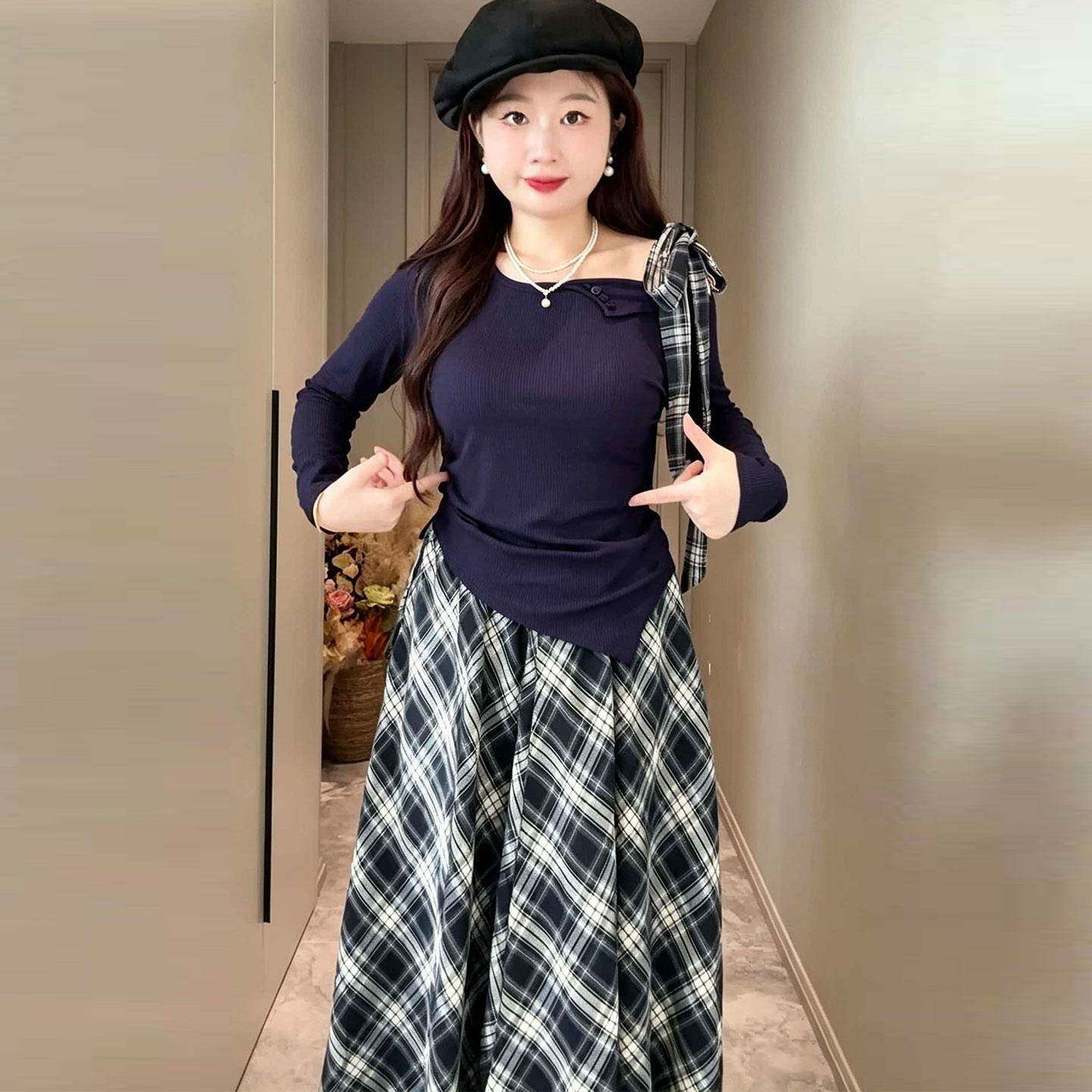 新品大码法式不规则长袖T恤格子半身裙两件套女秋季胖mm显瘦减龄