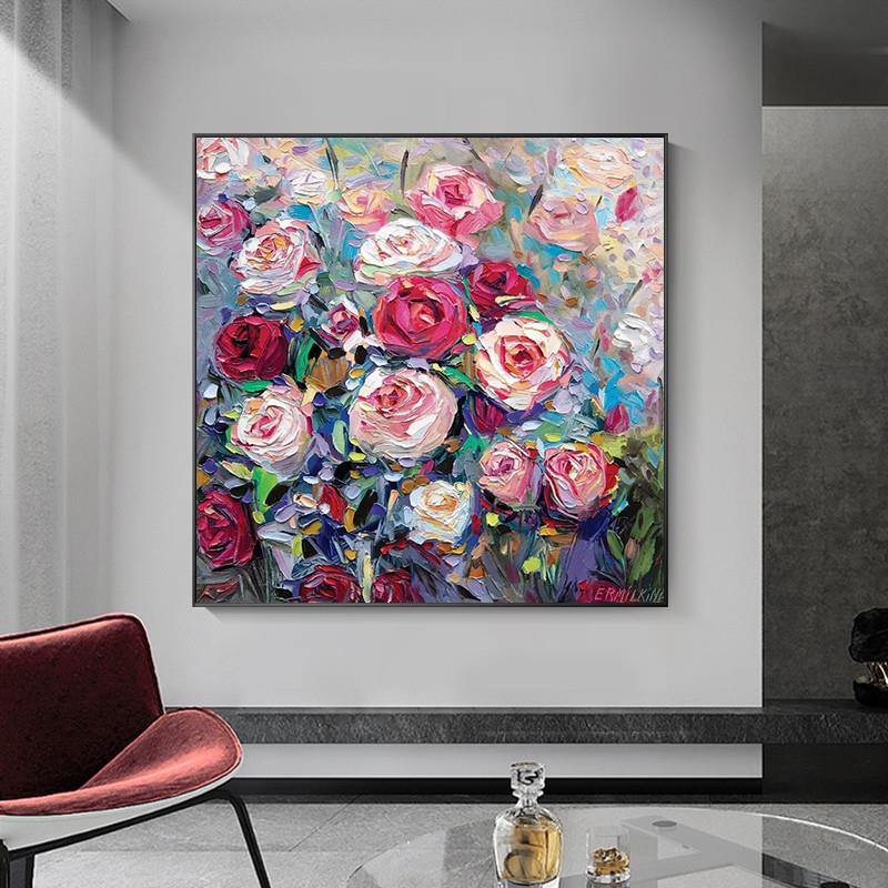 现货手绘油画百花齐放牡丹花客厅餐厅轻奢立体装饰画北欧玄关走廊图片