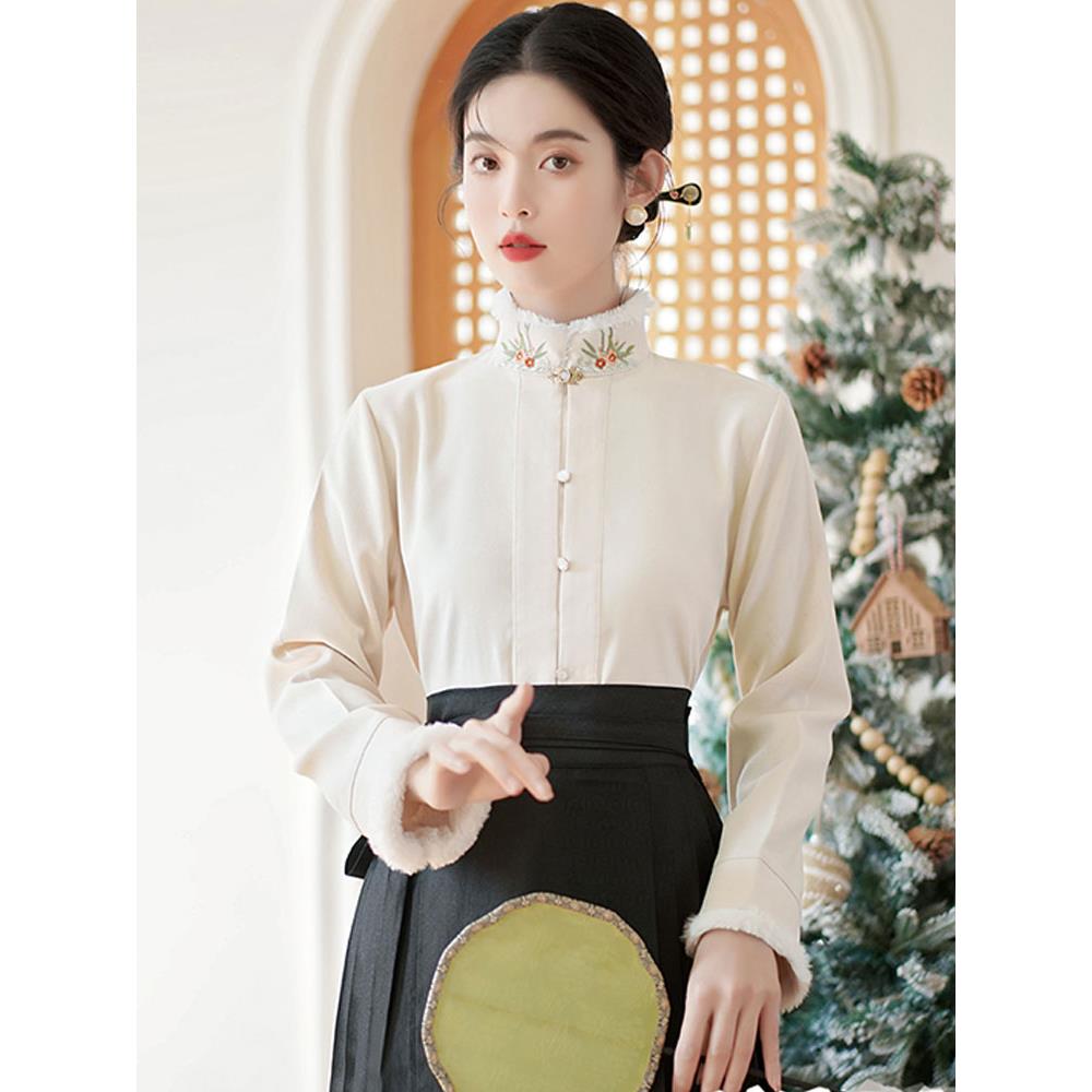 新品配马面裙的衬衣秋冬汉服加厚毛领衬衫新中式女装日常立领刺绣