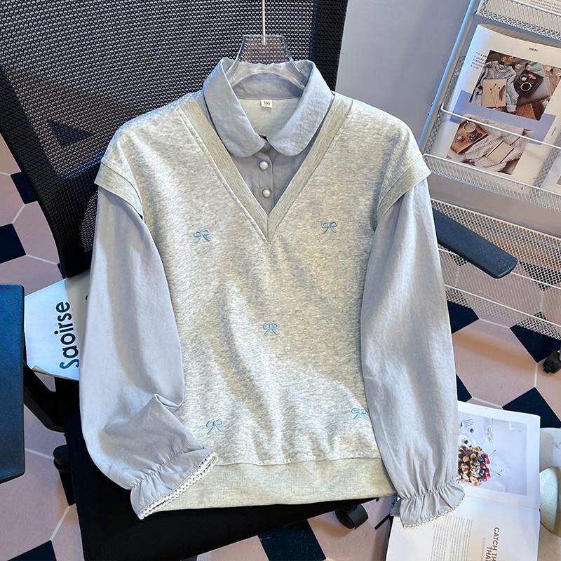 新品少女学院风假两件衬衫领卫衣2025秋装新款初高中学生蝴蝶结打