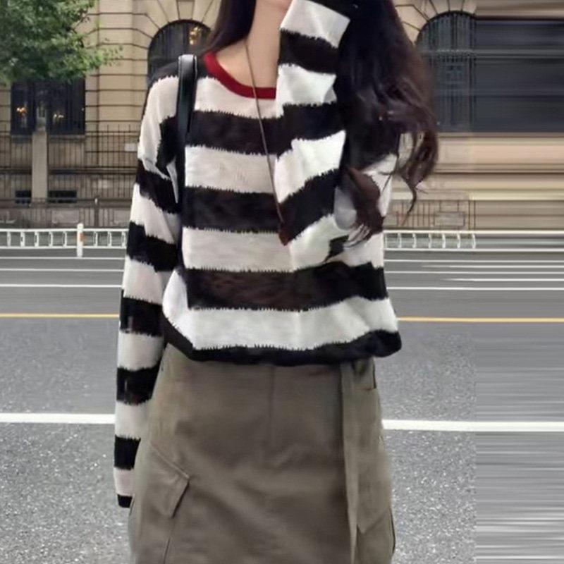 新品黑白撞色条纹针织衫女2026早秋新款长袖防晒罩衫宽松休闲显瘦