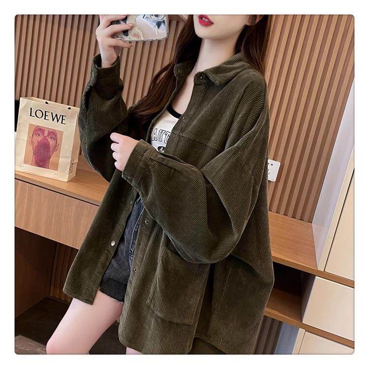 新品设计感小众中长款加绒加厚衬衫女秋冬新爆款灯芯绒减龄慵懒风