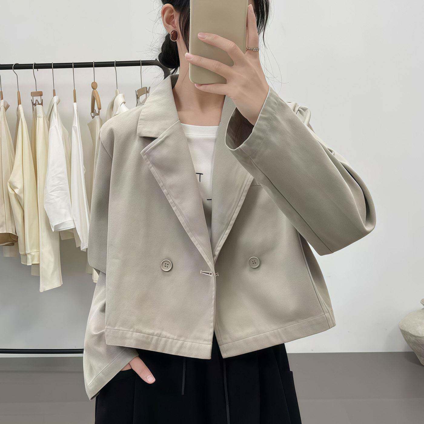 新品短款斜纹棉西装外套女2026秋季新款通勤百搭双排扣小个子夹克