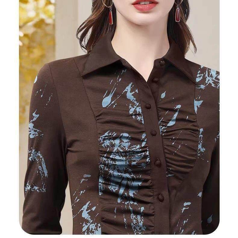 新品法式不规则褶皱弹力印花衬衫女春2026新款长袖上衣设计感衬衣