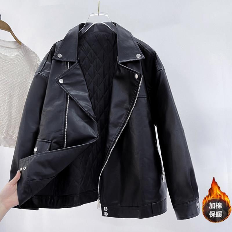 新品米白色韩版宽松小皮衣外套女春秋新款显瘦美式复古机车服PU皮