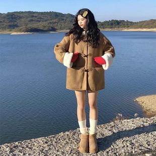 新品 鹿皮绒连帽皮毛一体牛角扣外套加厚保暖毛毛皮草 2023秋冬新款