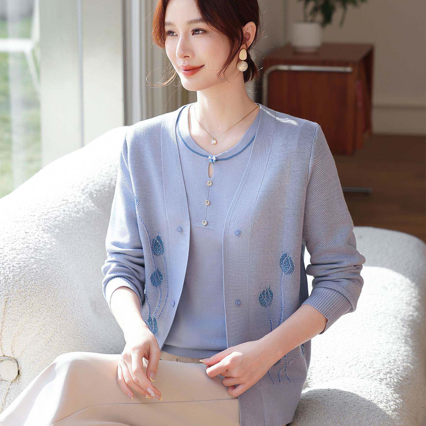 新品洋气妈妈春装新款开衫短袖T恤两件套上衣中老年女装薄款针织