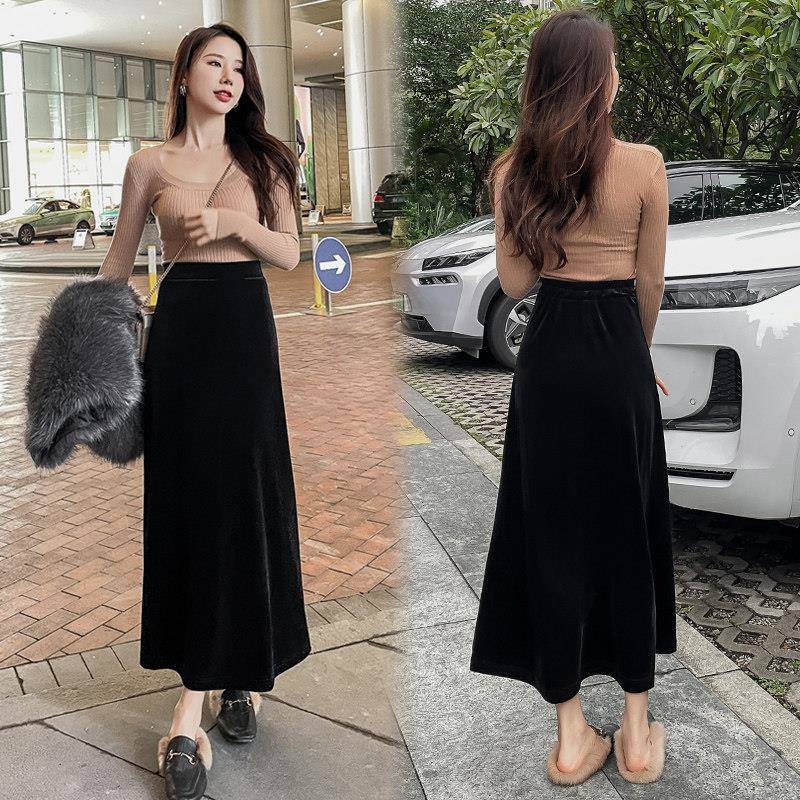 新品金丝绒半身裙女2026春秋新款黑色长款垂感半身长裙丝绒显瘦A