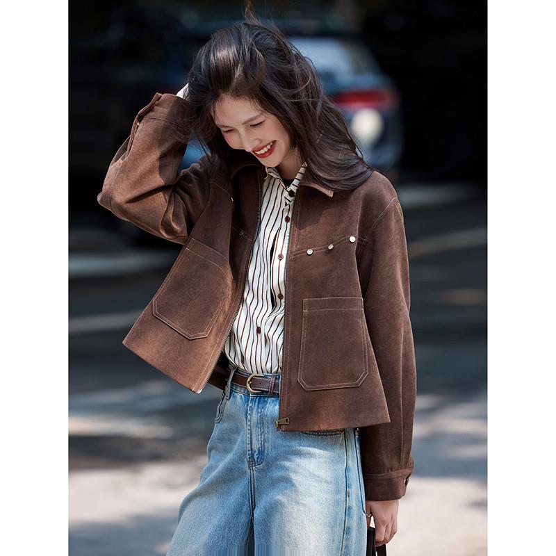 新品2026春季新款复古翻领夹克外套女装上衣