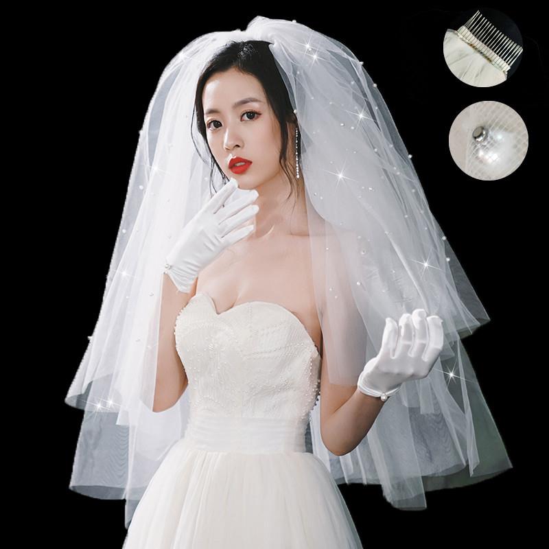 现货新娘头纱香槟色长款拖尾婚纱头饰 超仙 森系珍珠头纱网红拍照