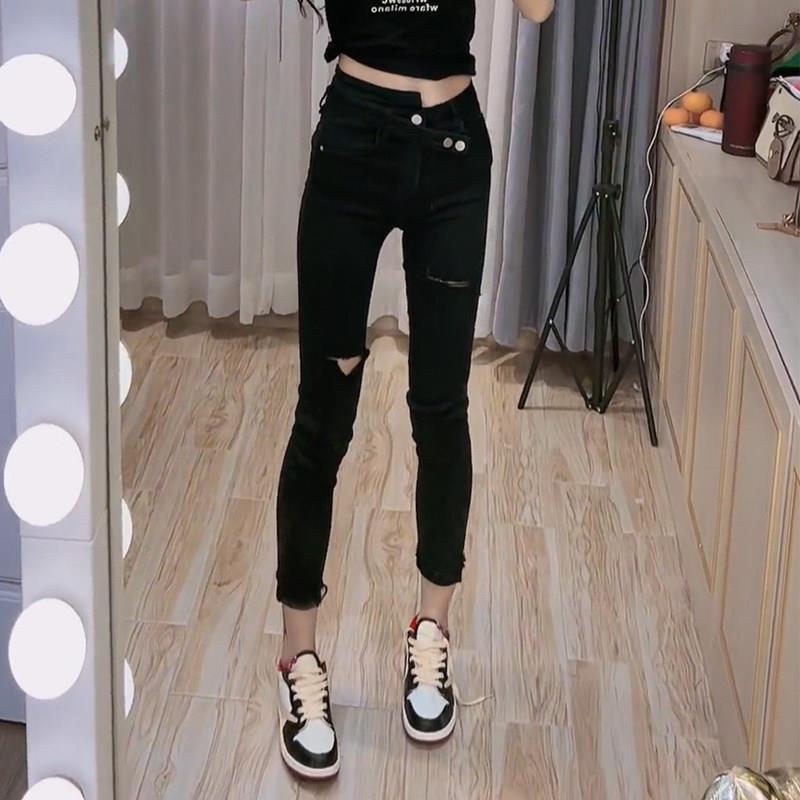 新品黑色破洞直筒牛仔裤女春秋新款大码胖mm高腰弹力显瘦九分小脚