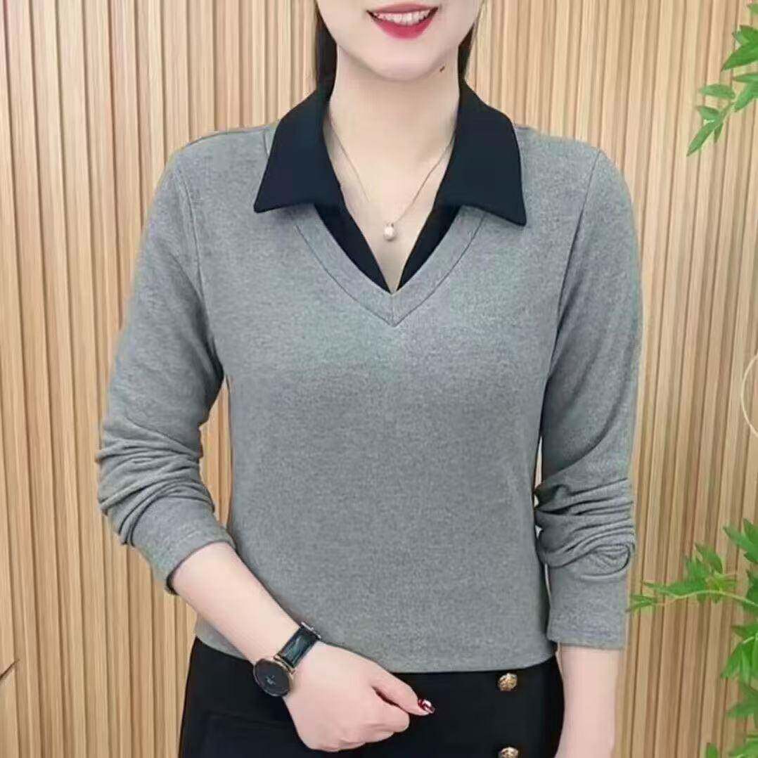 新品POLO领春季薄款拼色假两件上衣中年女装大码洋气显瘦长袖翻领