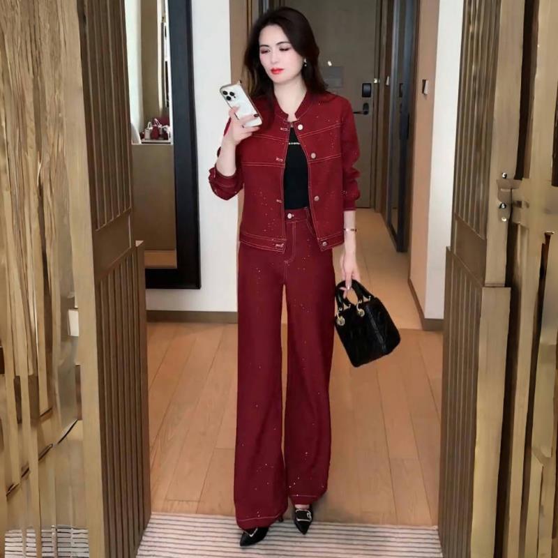 新品时尚牛仔套装女士春秋新款洋气减龄短款外套高腰阔腿裤休闲两