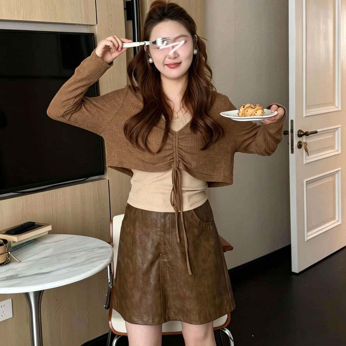新品大码慵懒风针织开衫吊带半身裙女秋季胖mm显瘦遮肚时尚三件套