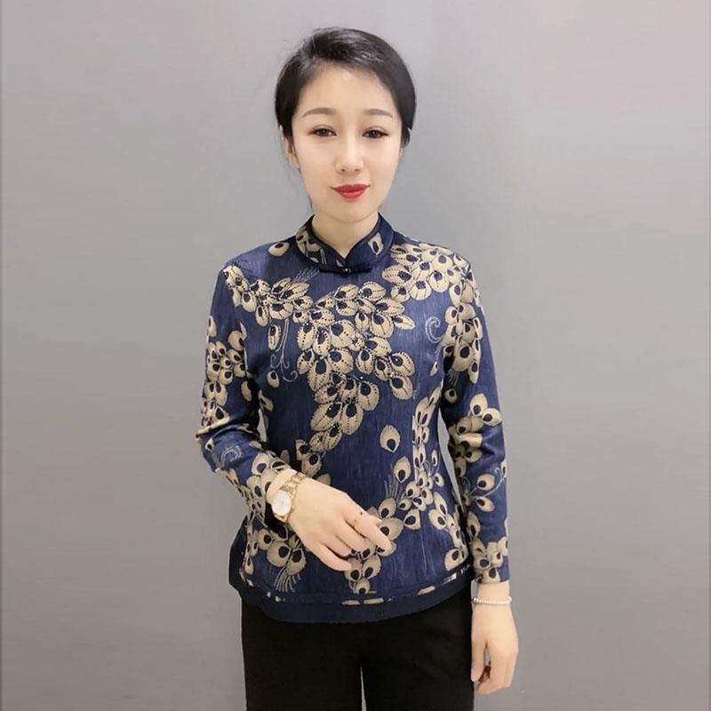 新品春秋新款中年妈妈装体恤立领复古印花改良旗袍衫修身显瘦凤尾
